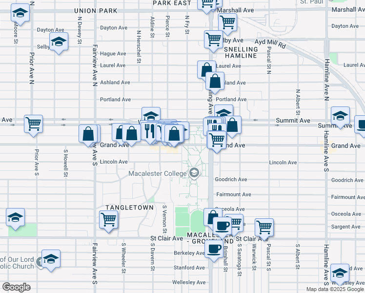 map of restaurants, bars, coffee shops, grocery stores, and more near 1600 Grand Avenue in Saint Paul