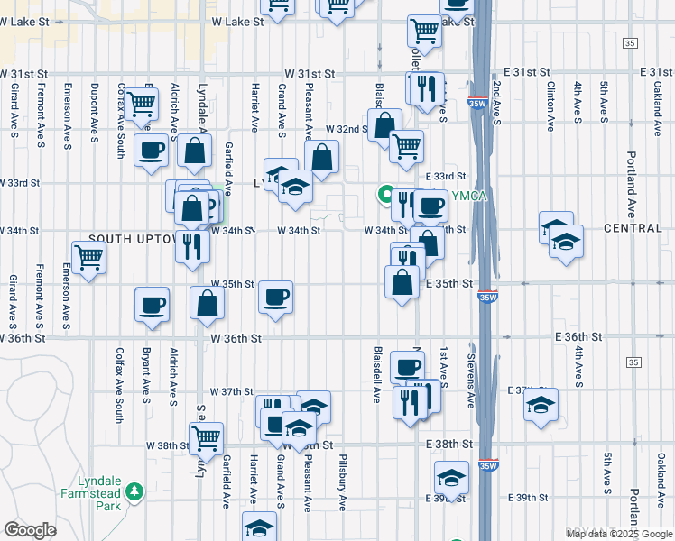 map of restaurants, bars, coffee shops, grocery stores, and more near 3444 Pillsbury Avenue in Minneapolis
