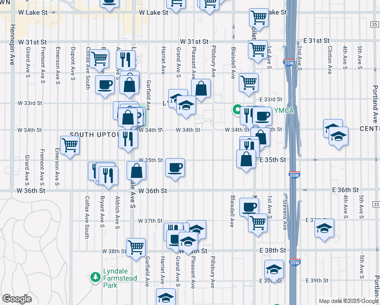 map of restaurants, bars, coffee shops, grocery stores, and more near 3438 Pleasant Avenue in Minneapolis