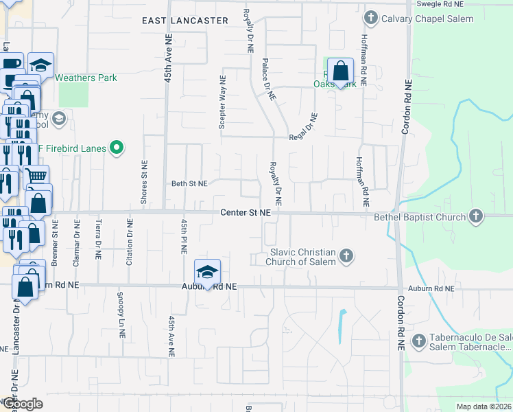 map of restaurants, bars, coffee shops, grocery stores, and more near 4670 Skyflower Avenue Northeast in Salem