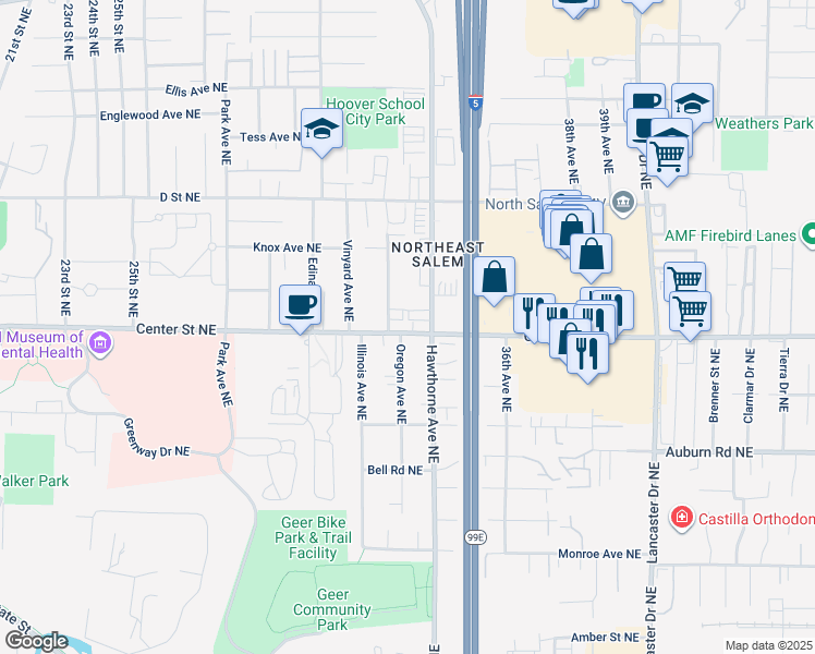 map of restaurants, bars, coffee shops, grocery stores, and more near 3385 Center Street Northeast in Salem