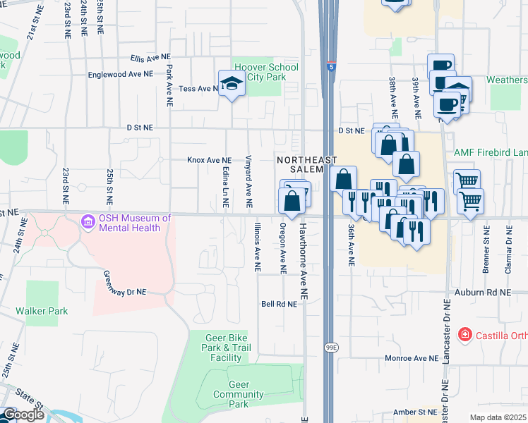 map of restaurants, bars, coffee shops, grocery stores, and more near 3295 Center Street Northeast in Salem