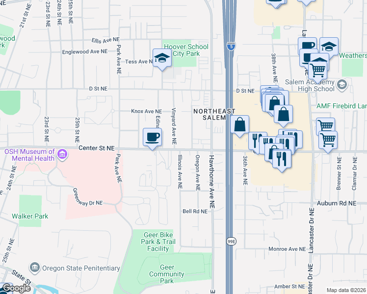 map of restaurants, bars, coffee shops, grocery stores, and more near 3295 Center Street Northeast in Salem
