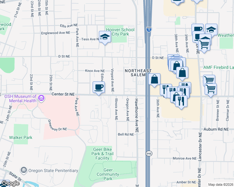 map of restaurants, bars, coffee shops, grocery stores, and more near 3295 Center Street Northeast in Salem