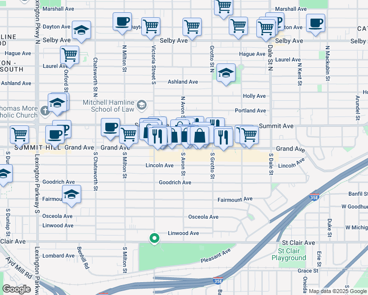 map of restaurants, bars, coffee shops, grocery stores, and more near 797 Grand Avenue in Saint Paul
