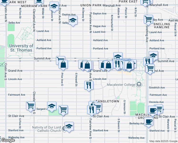 map of restaurants, bars, coffee shops, grocery stores, and more near in Saint Paul