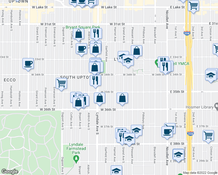 map of restaurants, bars, coffee shops, grocery stores, and more near 3439 Garfield Avenue in Minneapolis