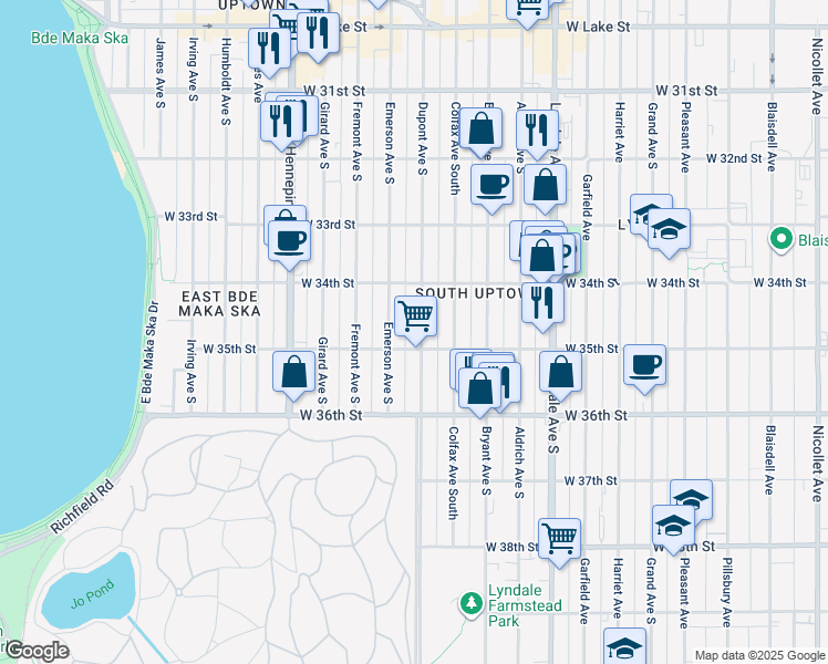 map of restaurants, bars, coffee shops, grocery stores, and more near 3441 Emerson Avenue South in Minneapolis