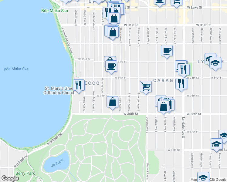 map of restaurants, bars, coffee shops, grocery stores, and more near in Minneapolis