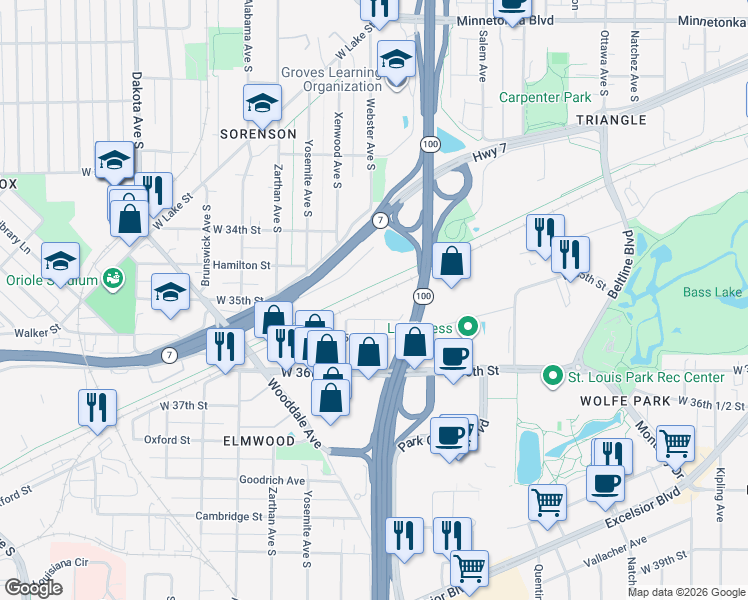 map of restaurants, bars, coffee shops, grocery stores, and more near 5707 Minnesota 7 Service Road in St. Louis Park
