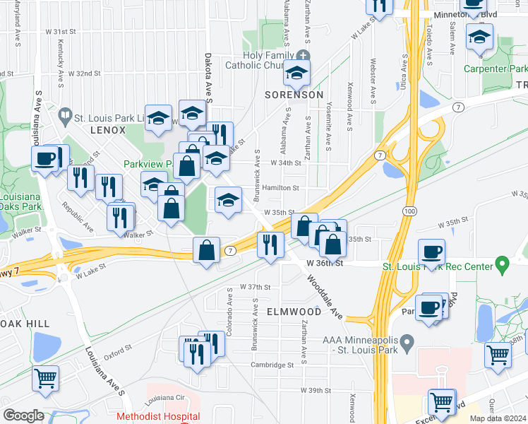 map of restaurants, bars, coffee shops, grocery stores, and more near 6018 West 35th Street in Minneapolis