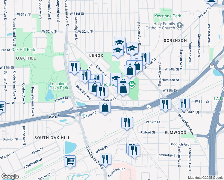 map of restaurants, bars, coffee shops, grocery stores, and more near 3383 Brownlow Avenue in Minneapolis
