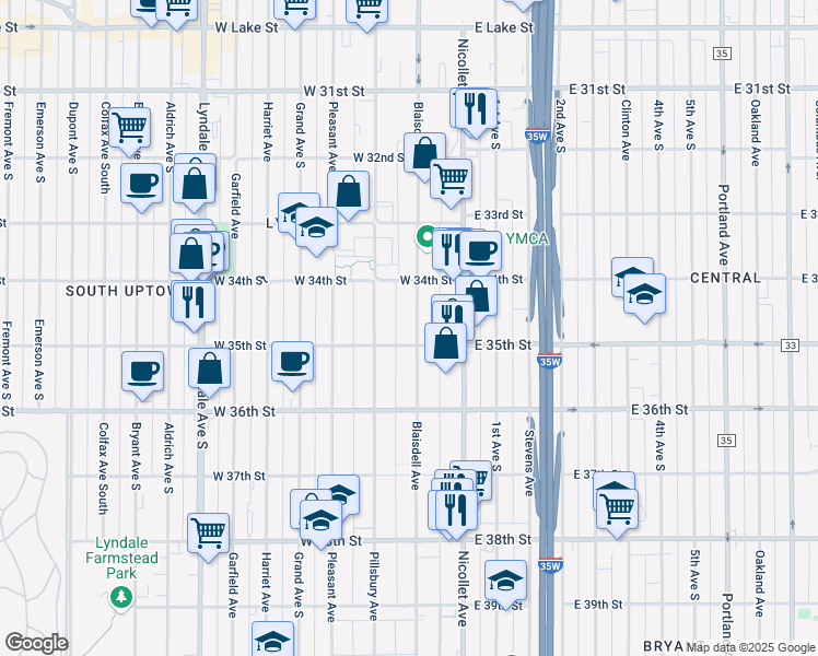 map of restaurants, bars, coffee shops, grocery stores, and more near 3444 Blaisdell Avenue in Minneapolis