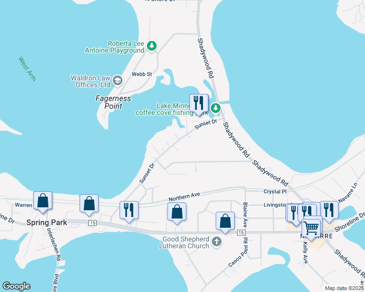 map of restaurants, bars, coffee shops, grocery stores, and more near 3847 Sunset Drive in Spring Park