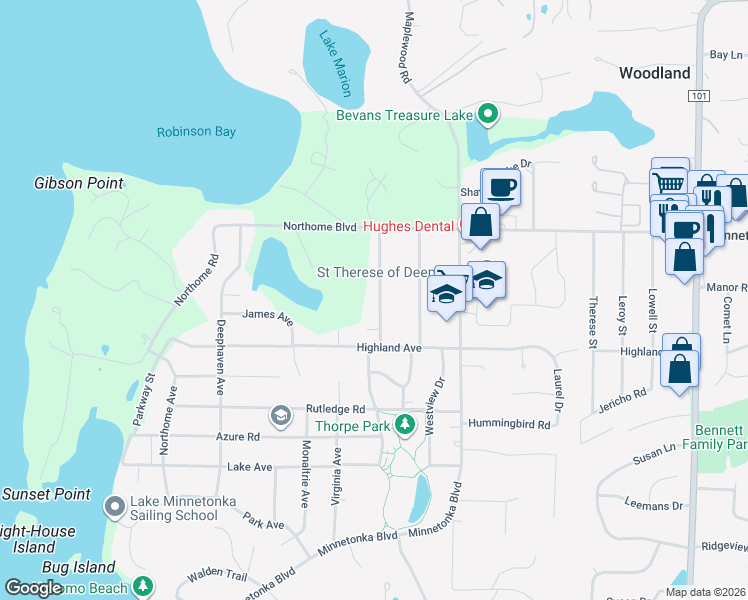 map of restaurants, bars, coffee shops, grocery stores, and more near 3520 Hamilton Avenue in Wayzata