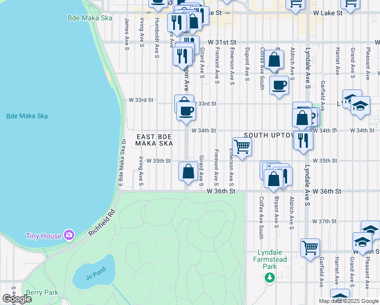 map of restaurants, bars, coffee shops, grocery stores, and more near 3443 Hennepin Avenue in Minneapolis