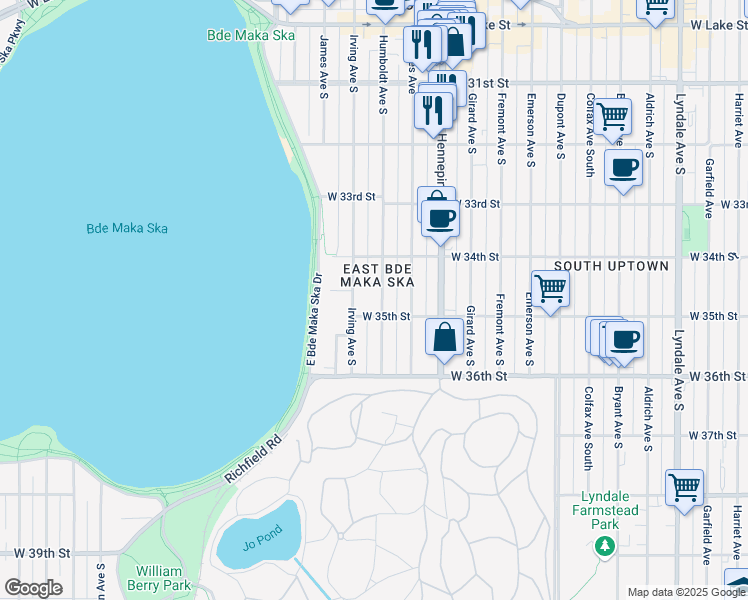 map of restaurants, bars, coffee shops, grocery stores, and more near 3438 Humboldt Avenue South in Minneapolis
