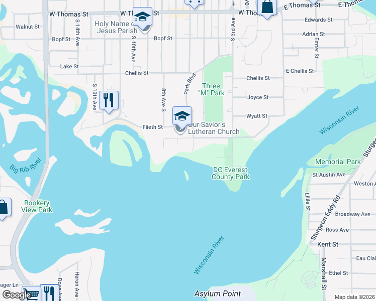 map of restaurants, bars, coffee shops, grocery stores, and more near 320 Park Boulevard in Wausau