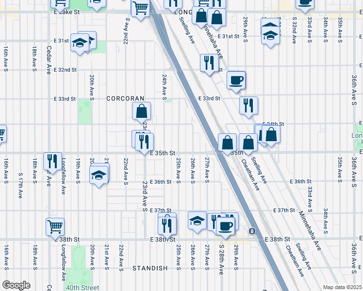 map of restaurants, bars, coffee shops, grocery stores, and more near 3443 25th Avenue South in Minneapolis