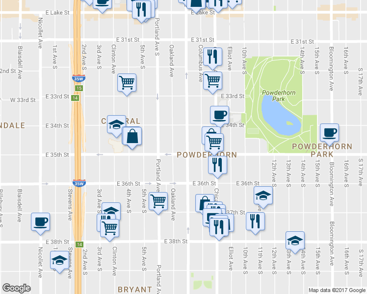 map of restaurants, bars, coffee shops, grocery stores, and more near 3436 Park Avenue in Minneapolis