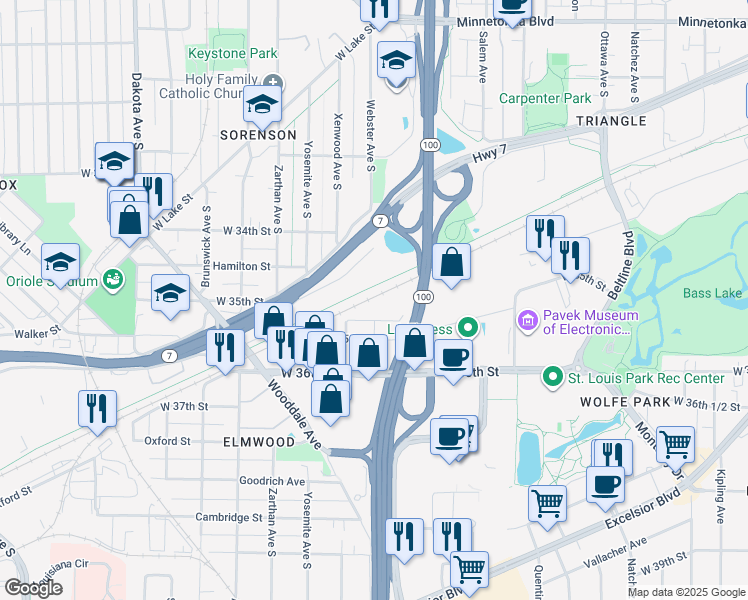 map of restaurants, bars, coffee shops, grocery stores, and more near 5707 Minnesota 7 Service Road in St. Louis Park