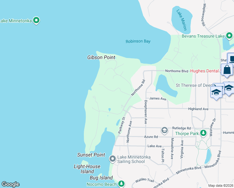 map of restaurants, bars, coffee shops, grocery stores, and more near 3574 Northome Road in Wayzata