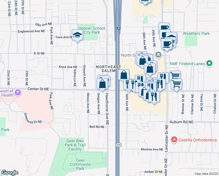 map of restaurants, bars, coffee shops, grocery stores, and more near 730 Hawthorne Avenue Northeast in Salem