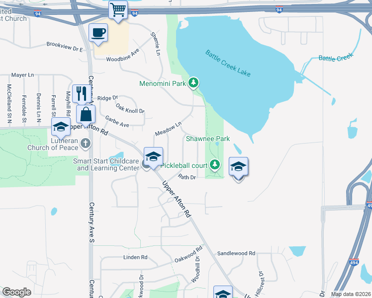 map of restaurants, bars, coffee shops, grocery stores, and more near 597 Martha Lane in Woodbury