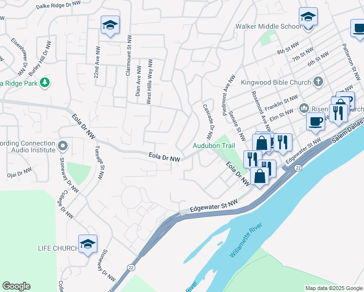 map of restaurants, bars, coffee shops, grocery stores, and more near 502 Kingwood Drive Northwest in Salem