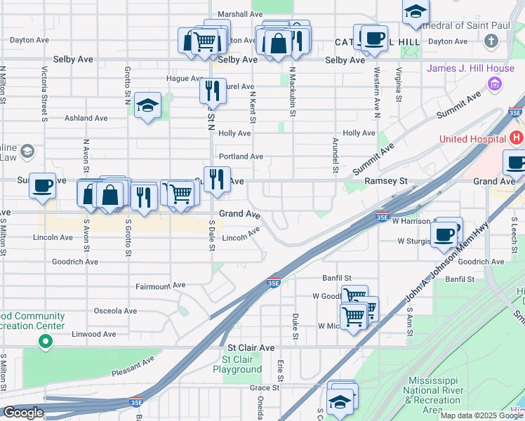map of restaurants, bars, coffee shops, grocery stores, and more near 547 Grand Hill in Saint Paul