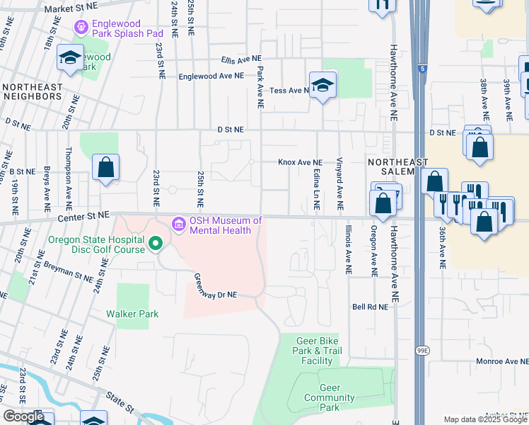 map of restaurants, bars, coffee shops, grocery stores, and more near 2903 Center Street Northeast in Salem