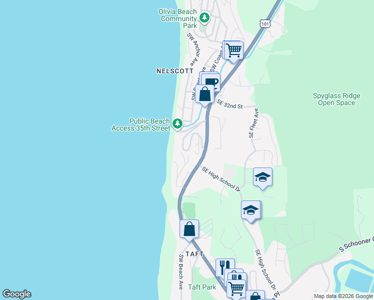 map of restaurants, bars, coffee shops, grocery stores, and more near 3652 Southwest 37th Street in Lincoln City