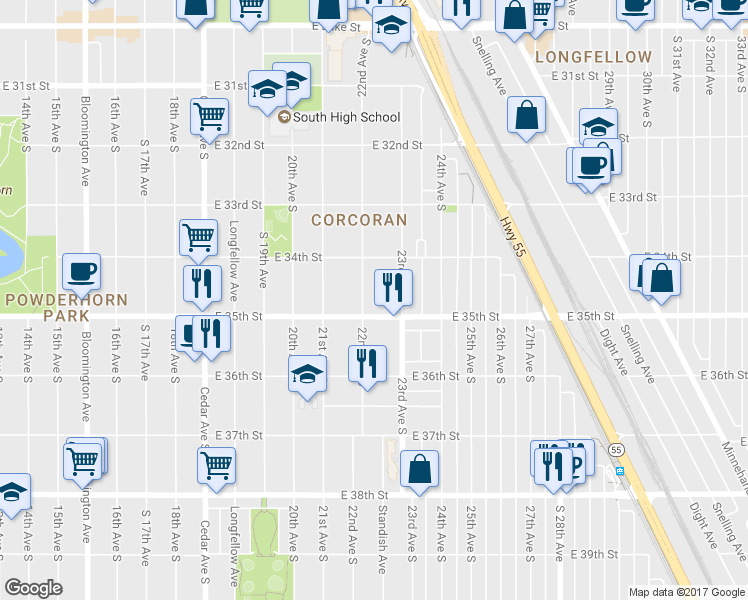 map of restaurants, bars, coffee shops, grocery stores, and more near 3441 22nd Avenue South in Minneapolis