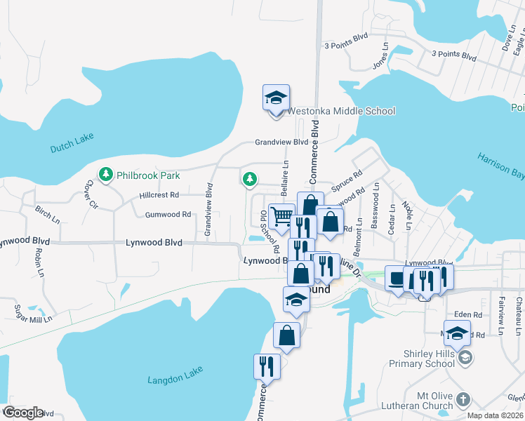 map of restaurants, bars, coffee shops, grocery stores, and more near 2135 Old School Road in Mound