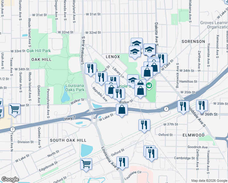 map of restaurants, bars, coffee shops, grocery stores, and more near 3343 Gorham Avenue in Minneapolis
