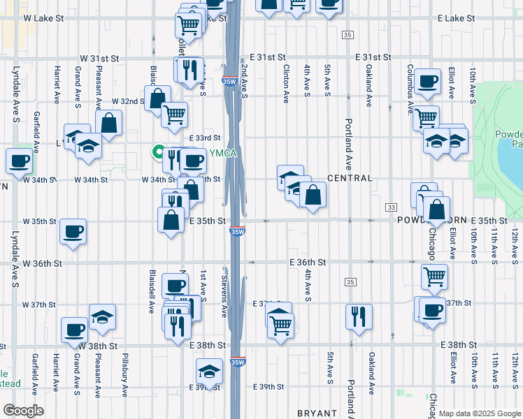 map of restaurants, bars, coffee shops, grocery stores, and more near 3440 3rd Avenue South in Minneapolis