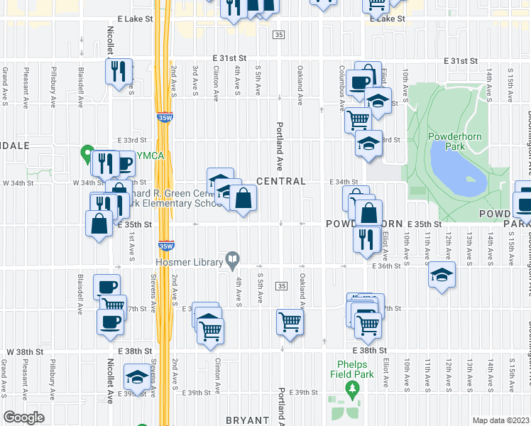 map of restaurants, bars, coffee shops, grocery stores, and more near 3441 South 5th Avenue in Minneapolis