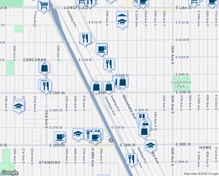 map of restaurants, bars, coffee shops, grocery stores, and more near 3453 Snelling Avenue in Minneapolis