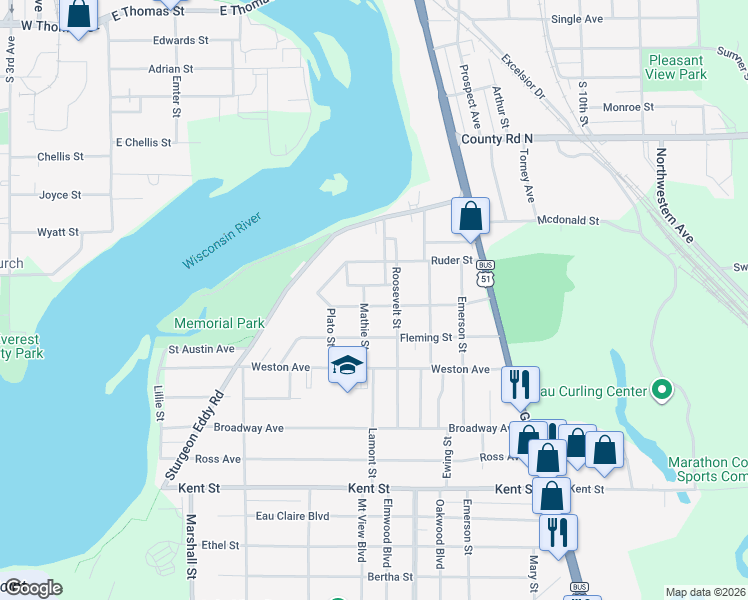 map of restaurants, bars, coffee shops, grocery stores, and more near 418 Bernard Street in Wausau