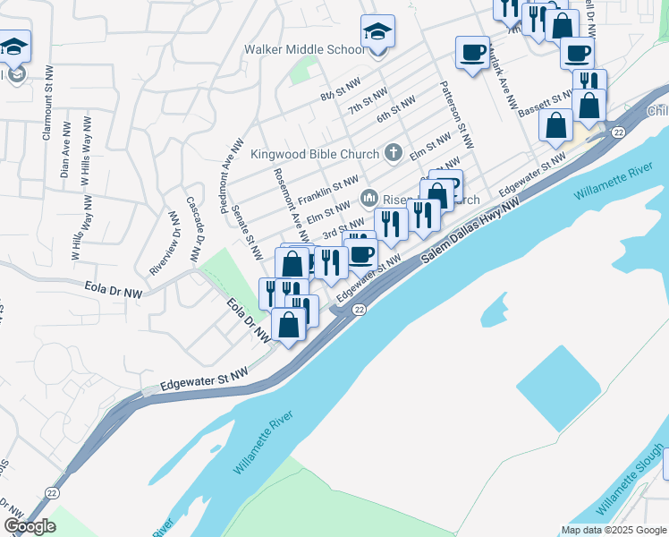 map of restaurants, bars, coffee shops, grocery stores, and more near 1353 2nd Street Northwest in Salem