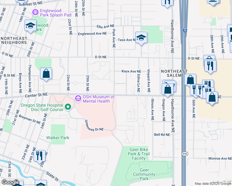 map of restaurants, bars, coffee shops, grocery stores, and more near 2903 Center Street Northeast in Salem
