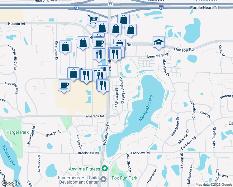 map of restaurants, bars, coffee shops, grocery stores, and more near 598 Mariner Way in Saint Paul