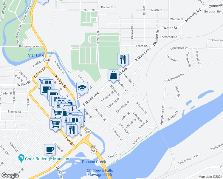 map of restaurants, bars, coffee shops, grocery stores, and more near 208 North State Street in Chippewa Falls