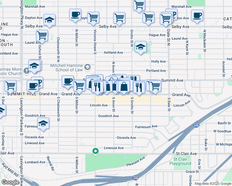 map of restaurants, bars, coffee shops, grocery stores, and more near 797 Grand Avenue in Saint Paul