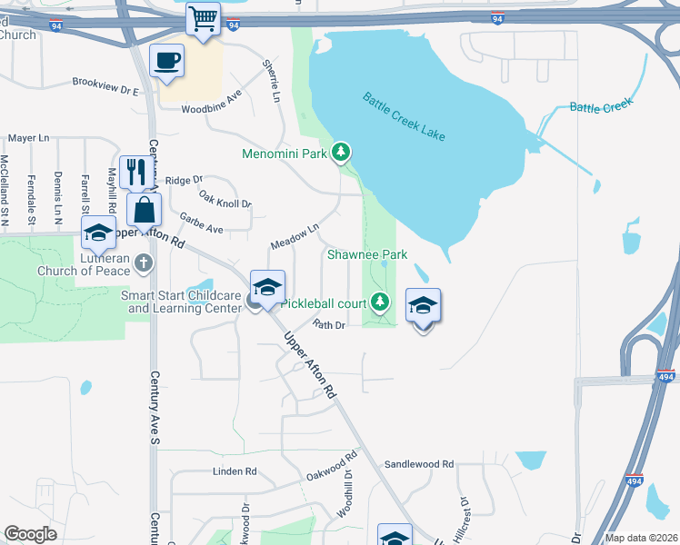 map of restaurants, bars, coffee shops, grocery stores, and more near 597 Martha Lane in Woodbury