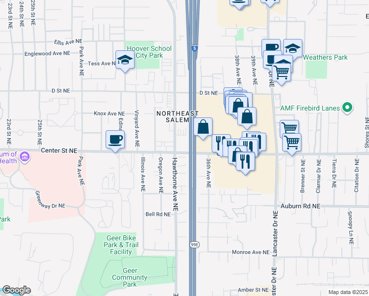 map of restaurants, bars, coffee shops, grocery stores, and more near 730 Hawthorne Avenue Northeast in Salem
