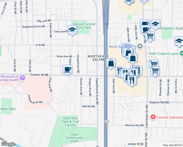 map of restaurants, bars, coffee shops, grocery stores, and more near 3385 Center Street Northeast in Salem