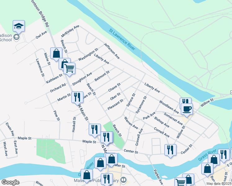 map of restaurants, bars, coffee shops, grocery stores, and more near 25 Ober St in Massena