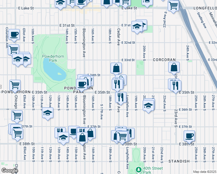 map of restaurants, bars, coffee shops, grocery stores, and more near 3436 18th Avenue South in Minneapolis