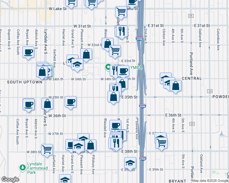 map of restaurants, bars, coffee shops, grocery stores, and more near 3445 Blaisdell Avenue in Minneapolis